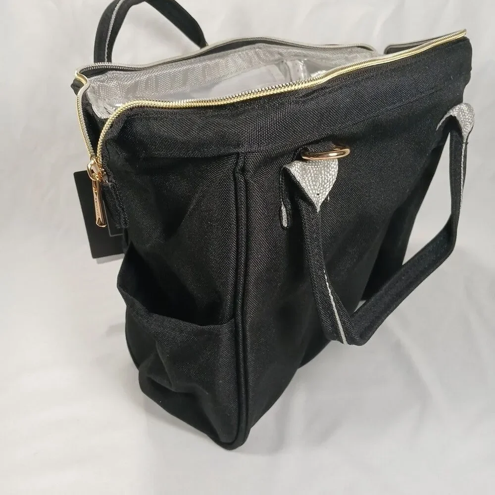 Tomill Insulated Cooler Lunchbox Tote Bag Black with Gold Zippers New Tags
